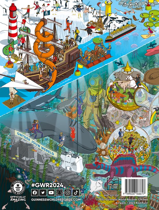 Guinness World Records 2024 achterkant met o.a. piratenschip, duiker en dinosaurus.