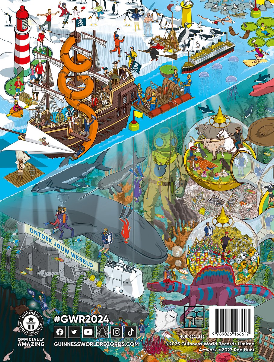 Guinness World Records 2024 achterkant met o.a. piratenschip, duiker en dinosaurus.