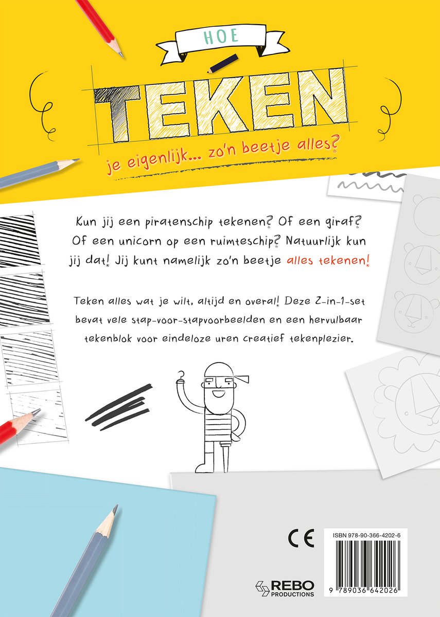 Boek "Hoe teken je eigenlijk... zo'n beetje alles?" met potloden en tekenvoorbeelden.