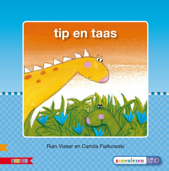 Boekomslag met illustratie van twee dinosaurussen, 'tip en taas', in gras en blauwe bloemen. Tekst: tip en taas. Samenlezen.