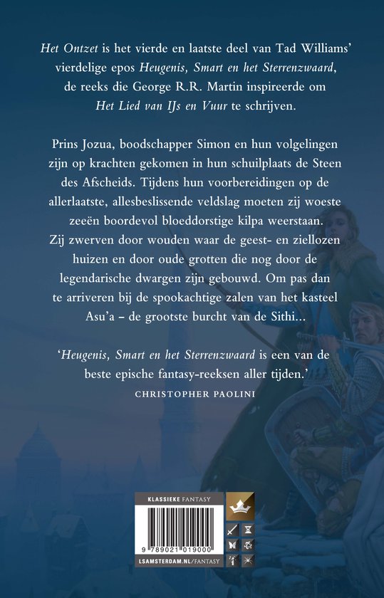 Boekcover met een beschrijving van het verhaal en een tekening van twee ridders.