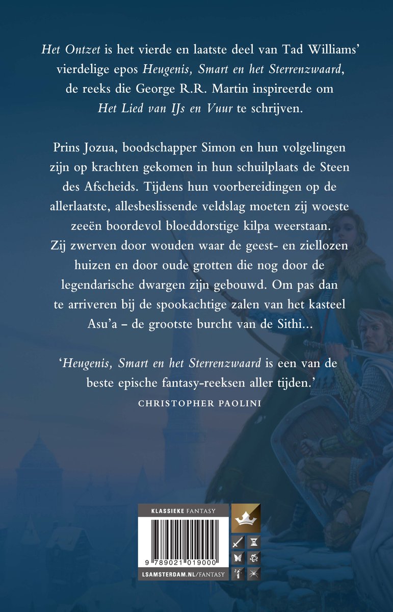 Boekcover met een beschrijving van het verhaal en een tekening van twee ridders.