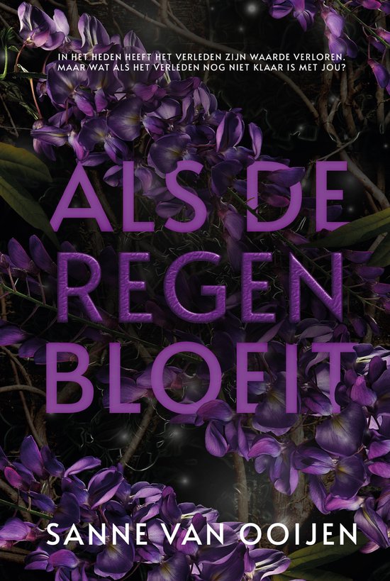 Paarse bloemen en groene bladeren met de titel 'Als de regen bloeit'.