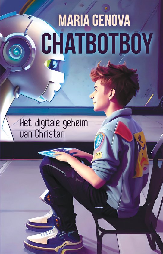Boekomslag met een jongen zittend, kijkend naar een robot. Tekst: Maria Genova Chatbotboy, Het digitale geheim van Christan.