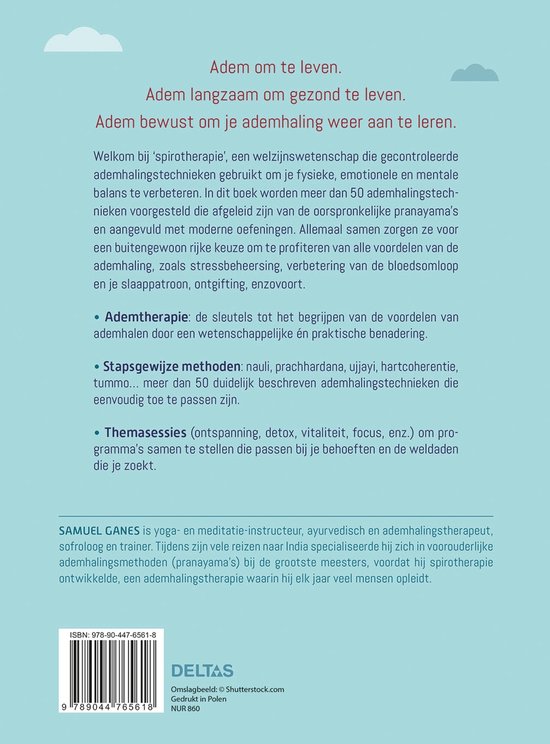 Achterkant van het boek "Ademtherapie" met tekst over de inhoud, de auteur Samuel Ganes, ISBN en uitgever Deltas.
