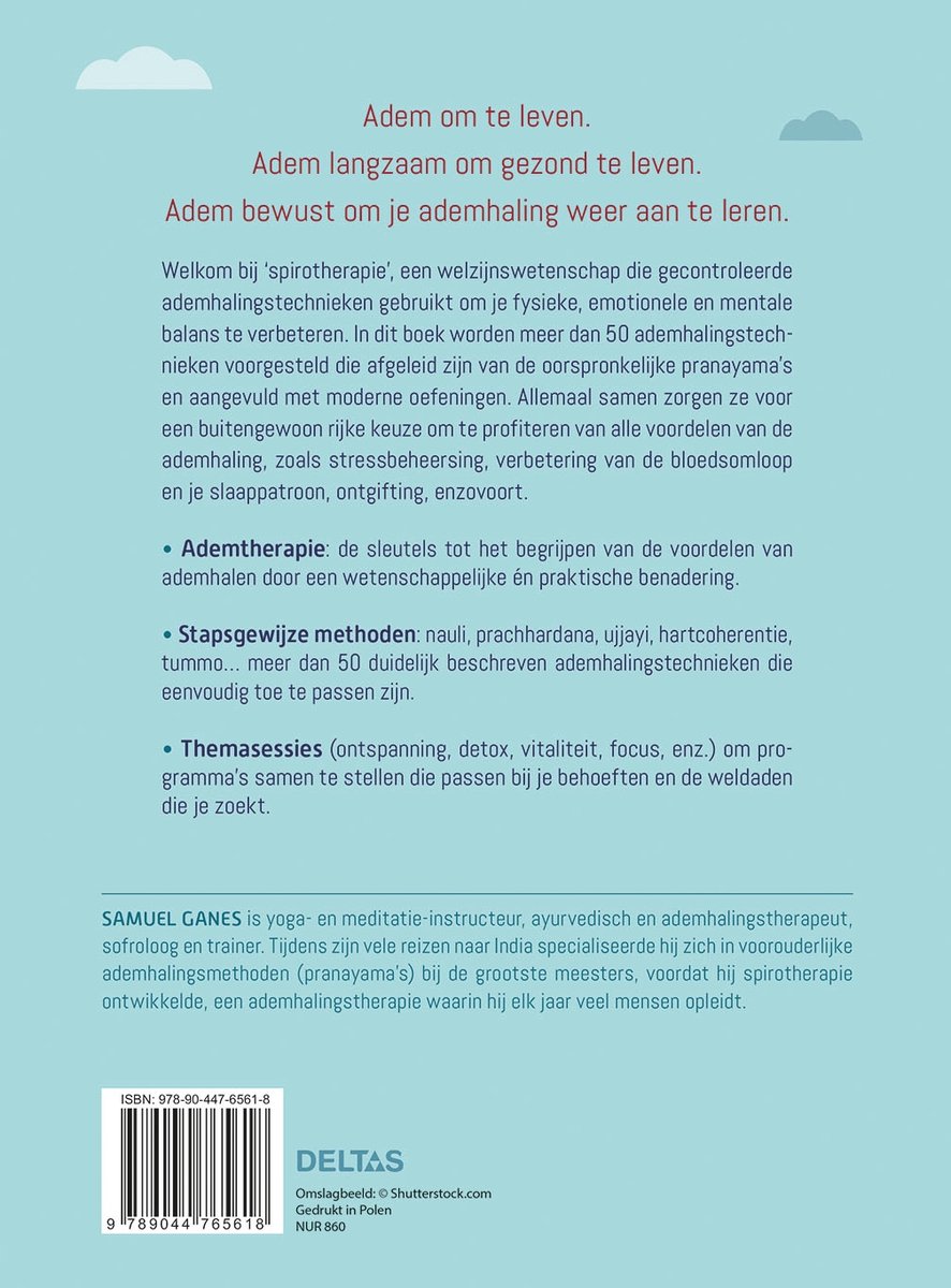 Achterkant van het boek "Ademtherapie" met tekst over de inhoud, de auteur Samuel Ganes, ISBN en uitgever Deltas.