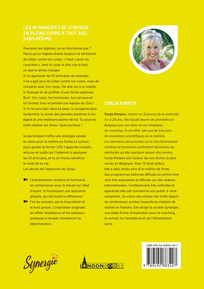 Boekomslag met portret van Sonja Kimpen, omringd door tekst over 'De 10 principes van synergie'.