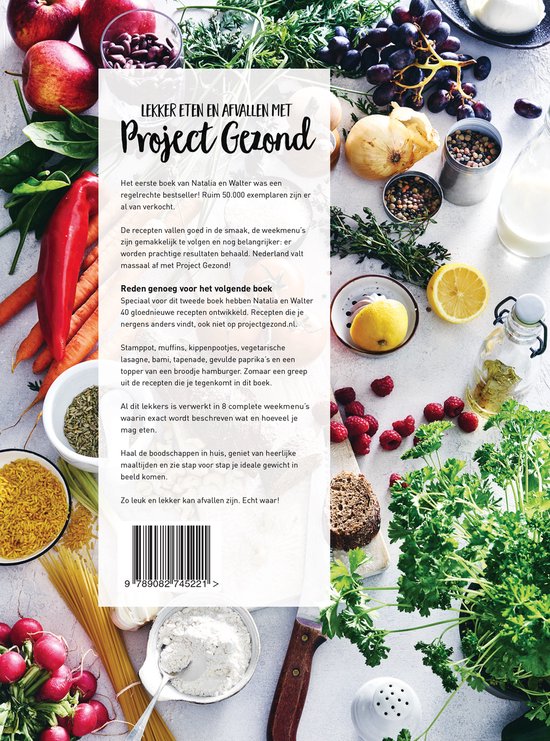 Achterkant van het boek 'Lekker eten en afvallen met Project Gezond deel 2' met ingrediënten.