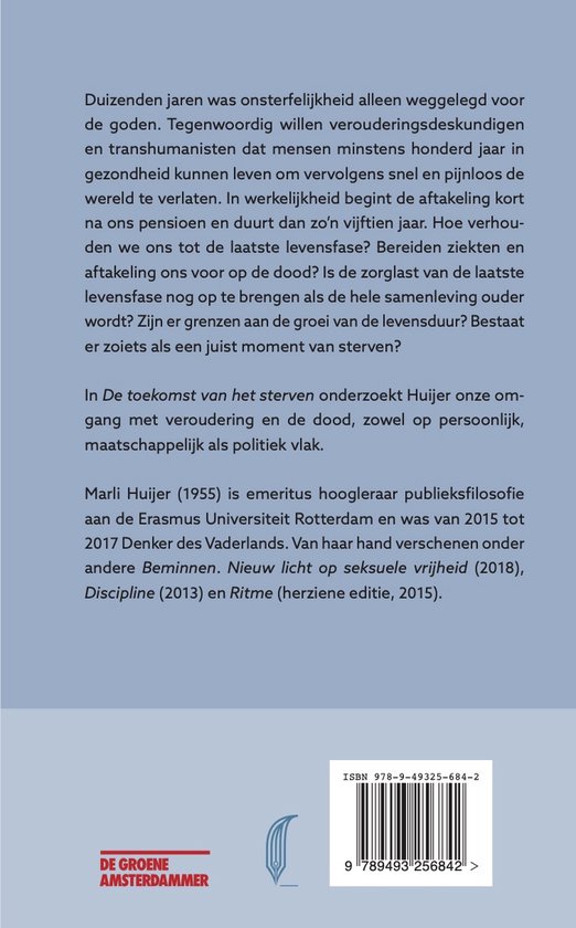 Achterkant van het boek 'De toekomst van het sterven' met tekst en ISBN-barcode.