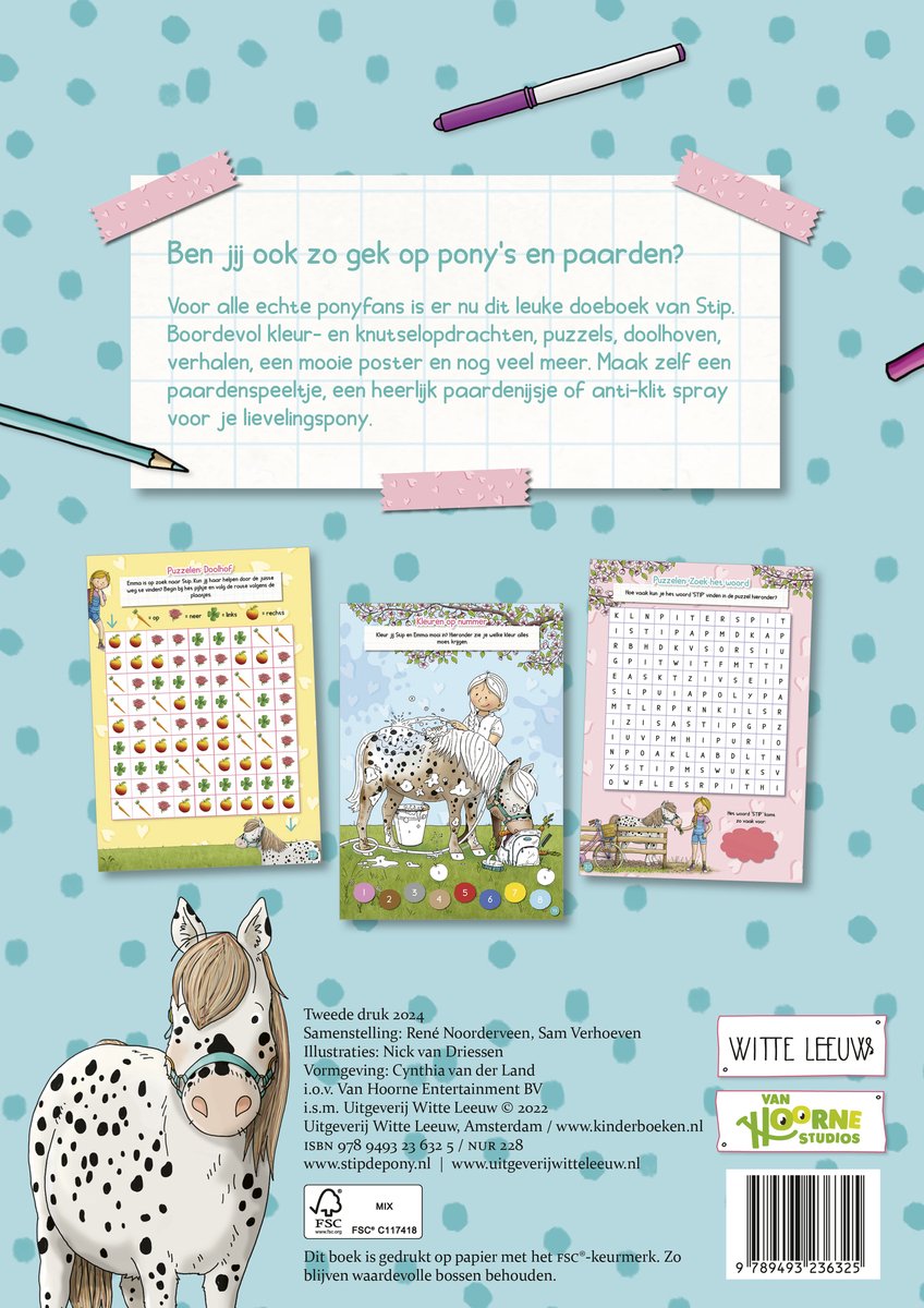 Achterkant doeboek met spelletjes, informatie en een pony.