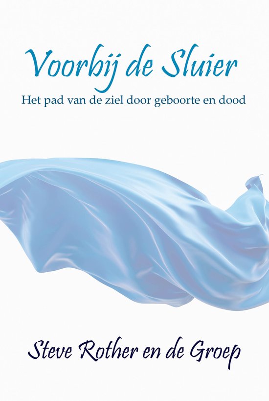 Couverture de livre avec tissu bleu ondulant. Titre : Voorbij de Sluier.