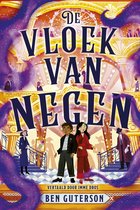 Boekomslag met de titel 'DE VLOEK VAN NEGEN'. Een jongen en een meisje staan op een trap, met paarse rook en een reuzenrad.