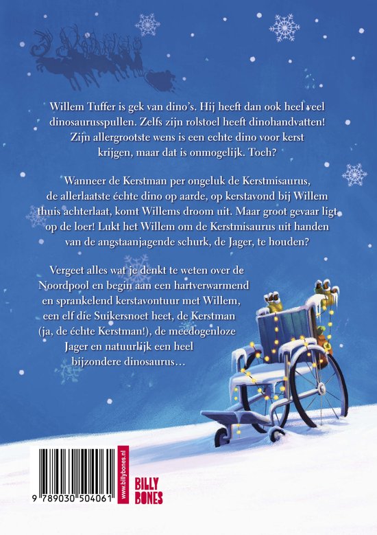 Een rolstoel bedekt met sneeuw en ijs, met een kerstman en slee op de achtergrond.