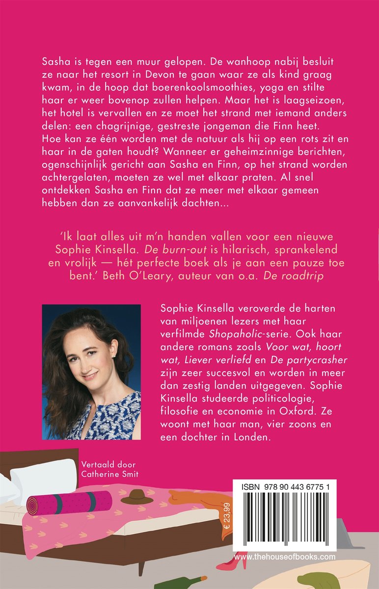 Achterkant van het boek 'De burn-out' met een foto van de auteur Sophie Kinsella.