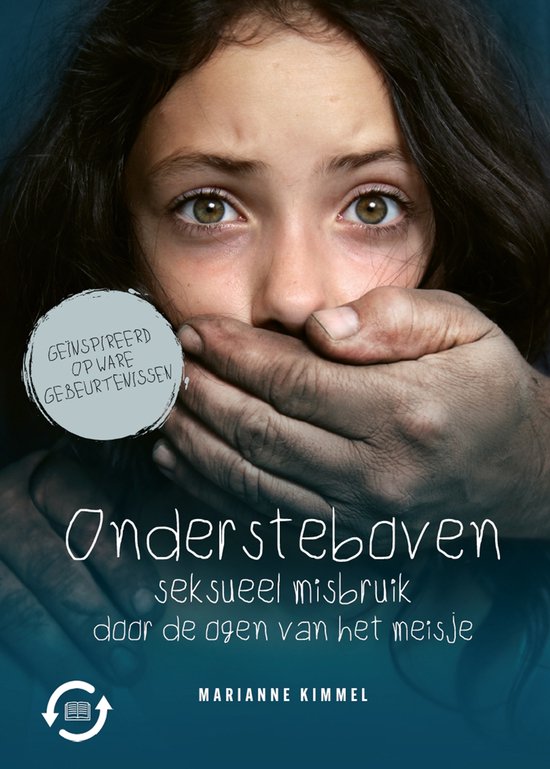 Een close-up van een meisje wiens mond wordt bedekt door een hand. De tekst 'Ondersteboven: seksueel misbruik door de ogen van het meisje' is zichtbaar.