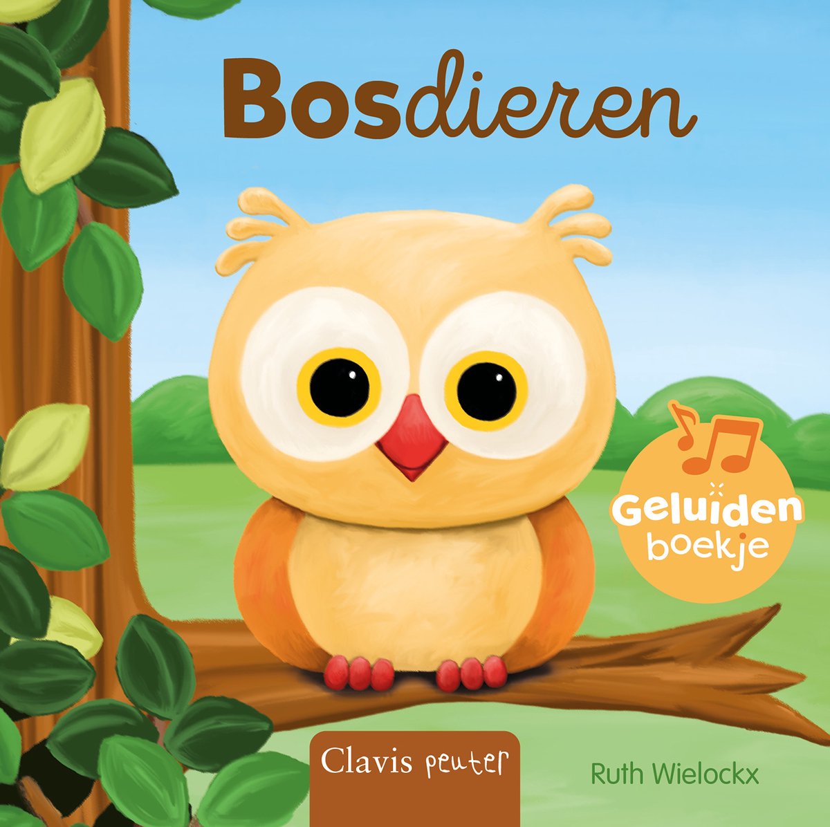 De cover van het boek 'Bosdieren' met een schattige, ronde uil met grote ogen en rode pootjes, zittend op een tak. De titel 'Bosdieren' staat bovenaan.