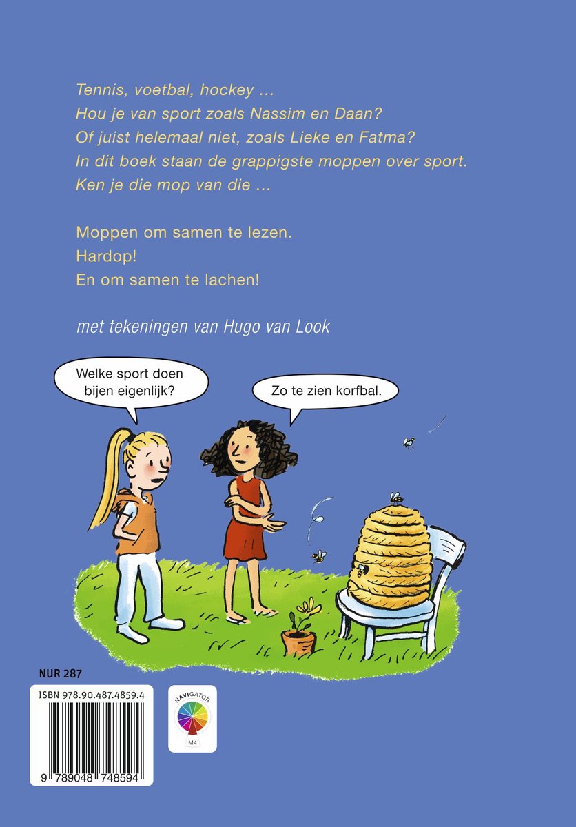 Illustratie van twee meisjes die praten bij een bijenkorf. Tekst: 'Welke sport doen bijen eigenlijk?' 'Zo te zien korfbal.'