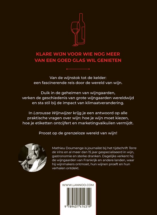 Achterkant boek Larousse Wijnwijzer, met tekst over de inhoud en foto van de auteur.