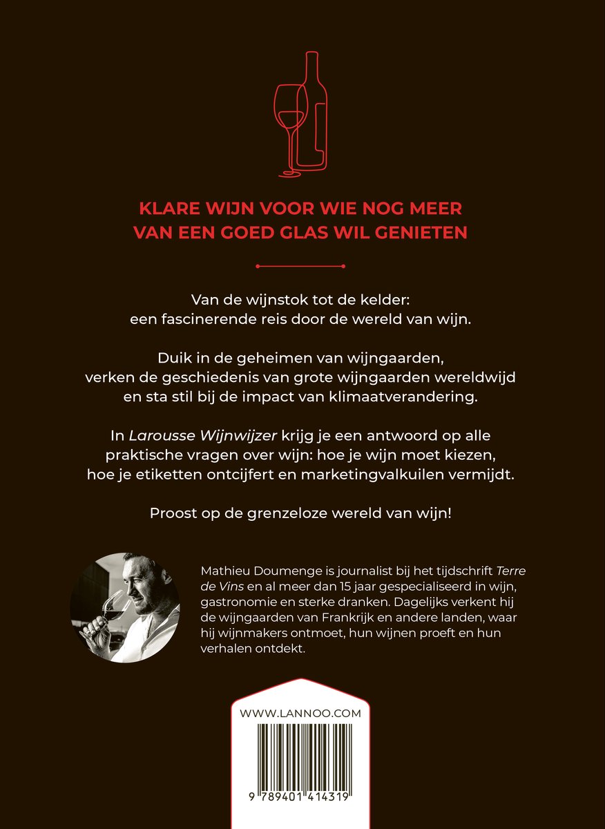 Achterkant boek Larousse Wijnwijzer, met tekst over de inhoud en foto van de auteur.