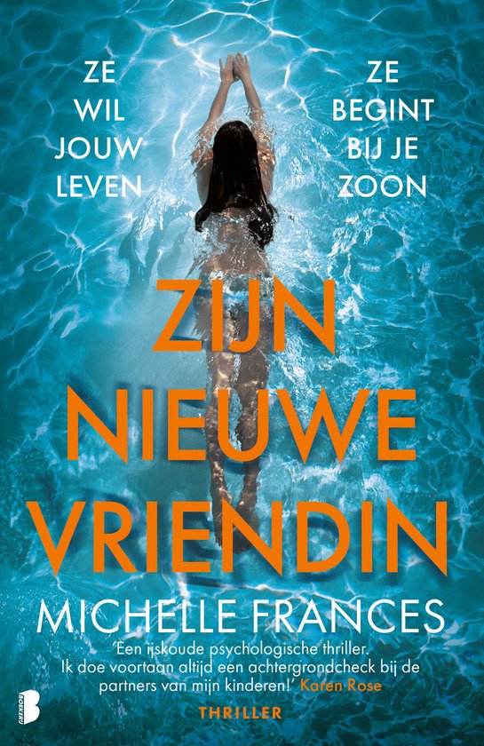 Een vrouw zwemt onder water, met de tekst "Zijn nieuwe vriendin".