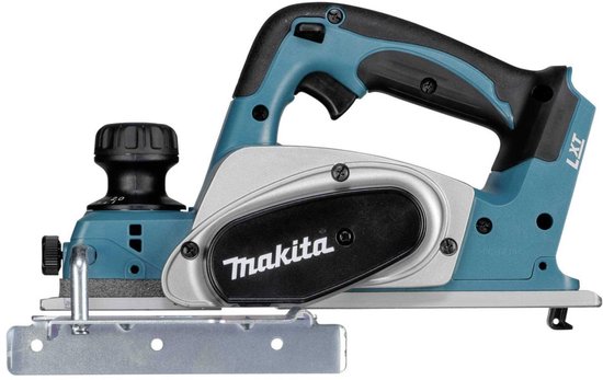 Turquoise en zilveren Makita schaafmachine met een metalen steun.