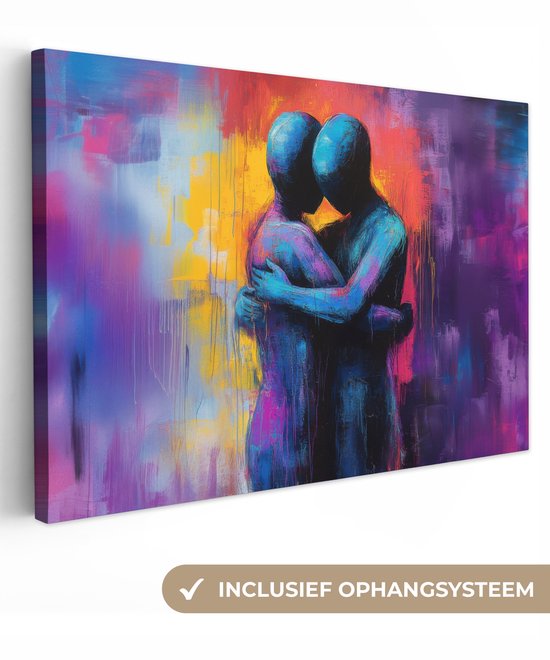 Canvas schilderij 120x80 cm - Exclusieve wanddecoratie Omarmen - Lichamen - Paars - Muurdecoratie woonkamer - Slaapkamer decoratie - Kamer accessoires - Schilderijen op canvas