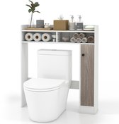 COSTWAY Toiletkast met schuifdeur en 3-voudig verstelbare planken, toiletrek hout, badkamerrek vrijstaand, bovenbouwkast bruin wasmachinerek