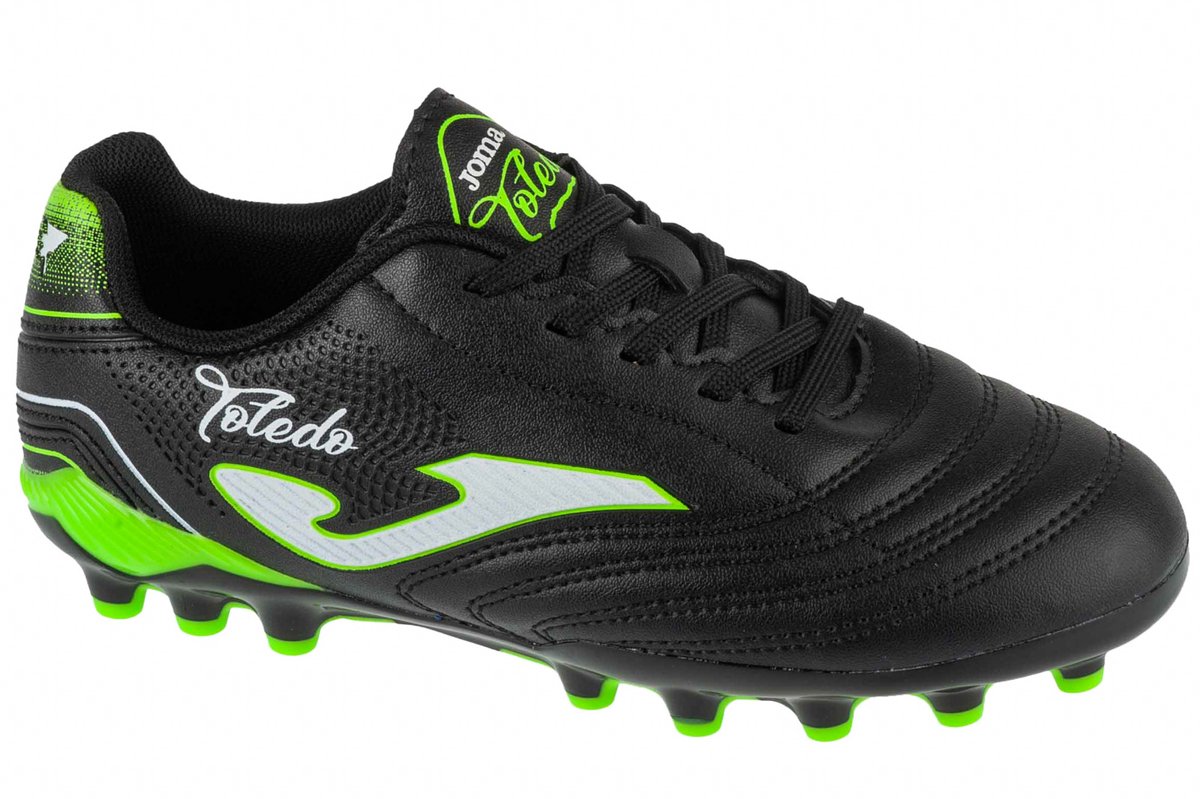 Zwarte Joma Toledo Jr 24 TOJW AG voetbalschoenen voor jongens, maat 36, van synthetisch leder met groene accenten.
