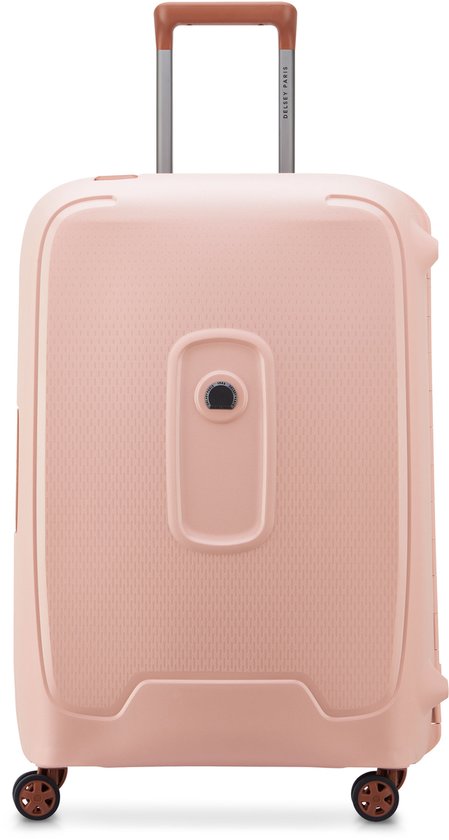 Roze koffer met reliëfpatroon en uitschuifbaar handvat.