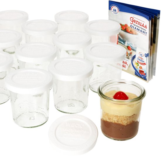 MamboCat Set van 40 weckpotten, 230 ml, inclusief twist-off-deksel, houten hart, rood geruit gratis receptenboekje, inmaken en conserveren, geschikt voor de oven