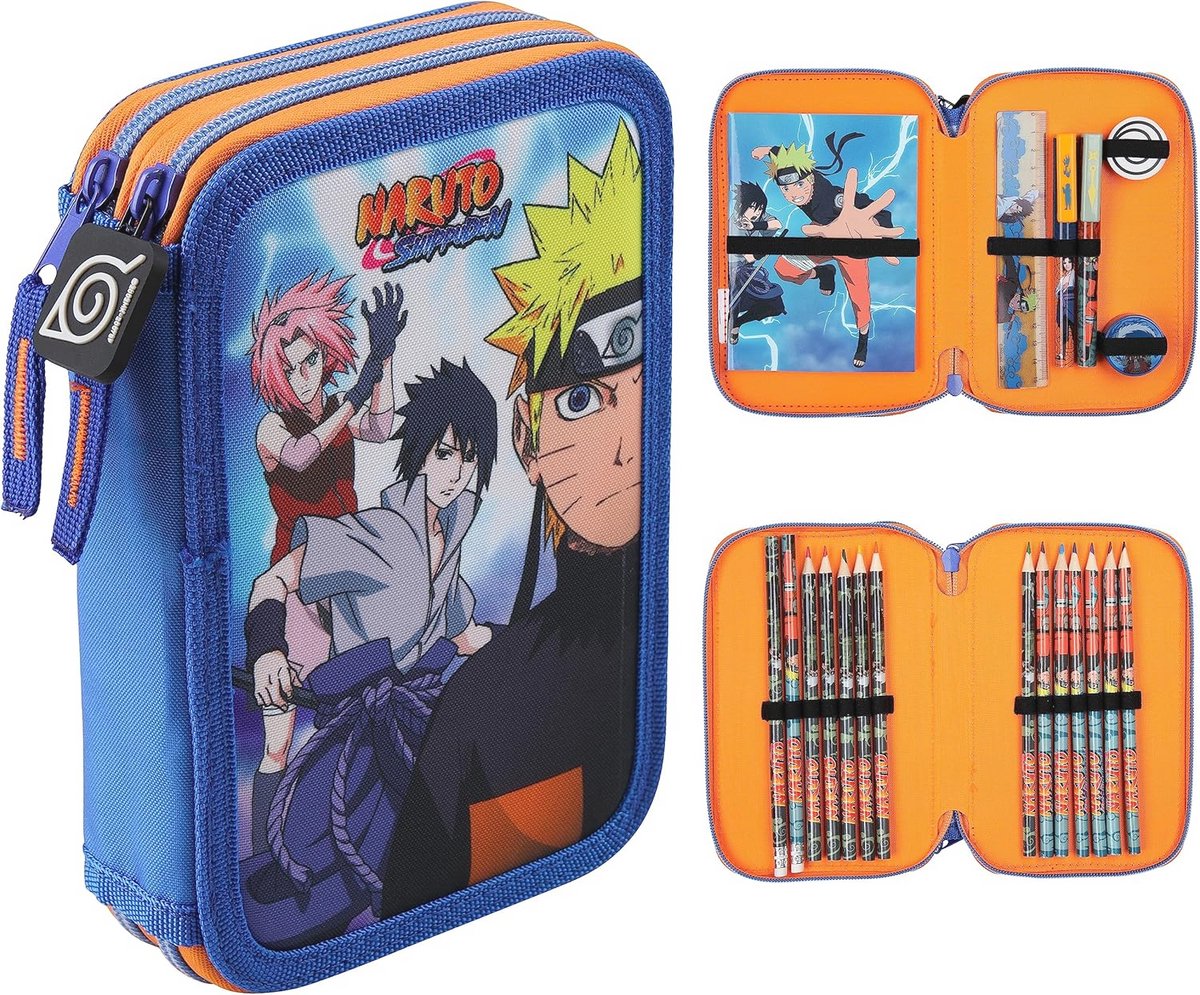 Groot etui met briefpapier, schoolbenodigdheden, 2 compartimenten, kleurpotloden, mini notitieboek en anime geschenken voor jongens