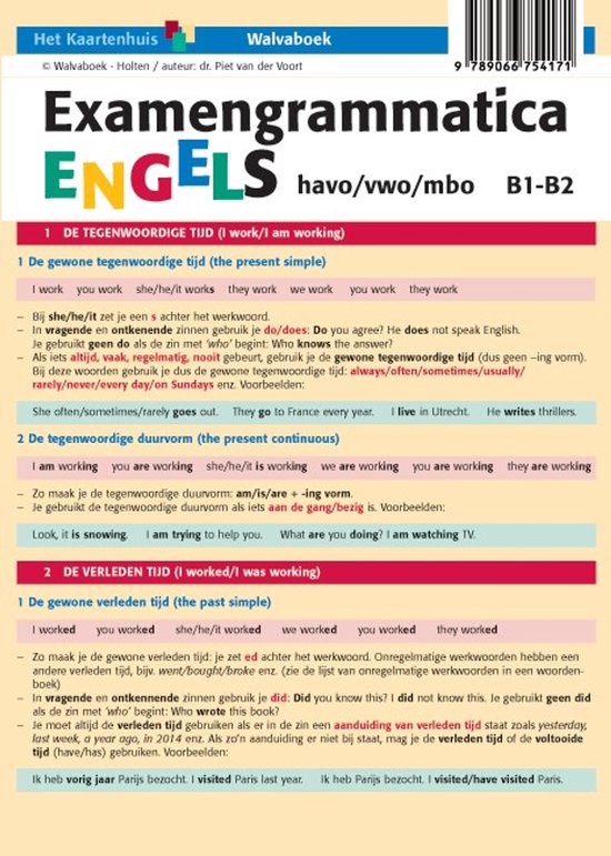 Kaart met 'Examengrammatica Engels havo/vwo/mbo B1-B2' en uitleg van tijden. 'Walvaboek' staat bovenaan.