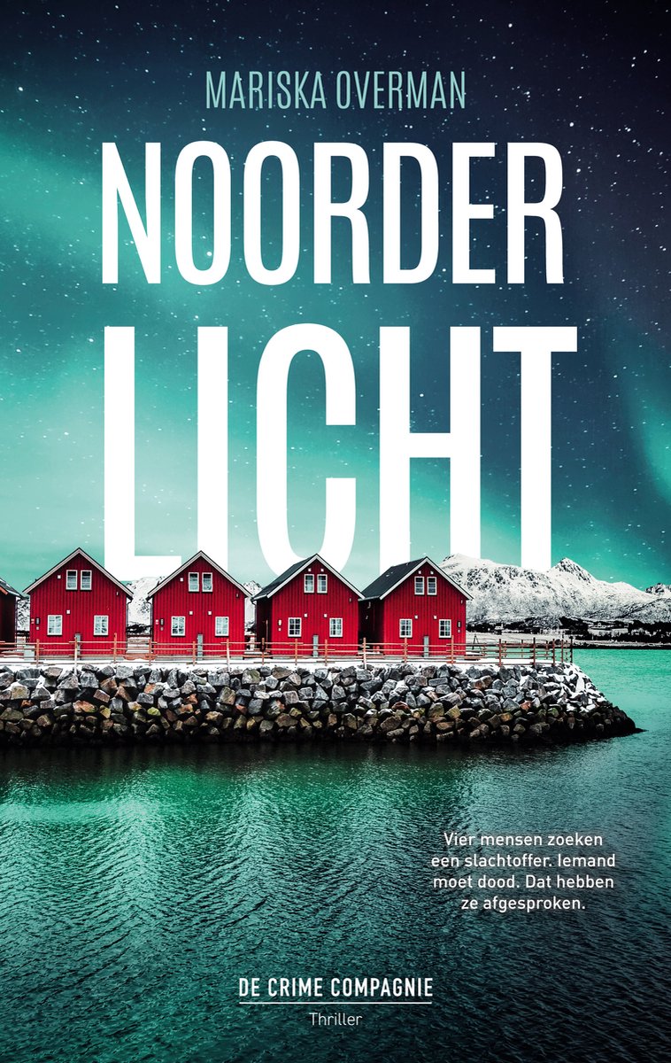 Boekomslag Noorderlicht met rode huisjes en aurora borealis.