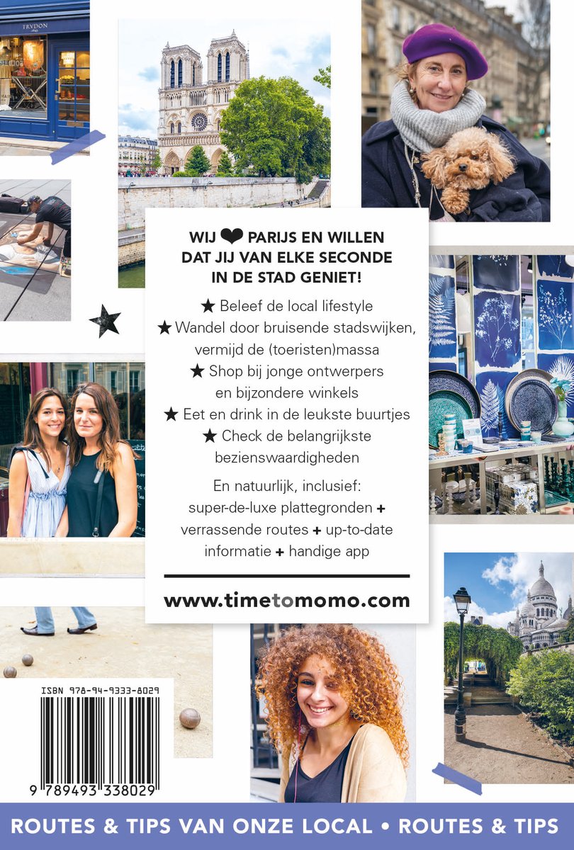 Een vrouw met een hondje en de Notre Dame op de achtergrond, met Parijse straatkunst en etalages.