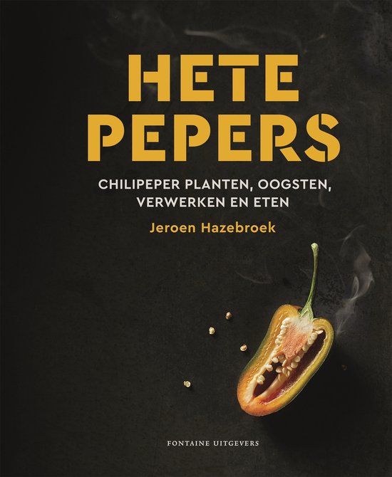Boekcover 'Hete Pepers' met een halverwege doorgesneden peper en de tekst 'Hete Pepers'.