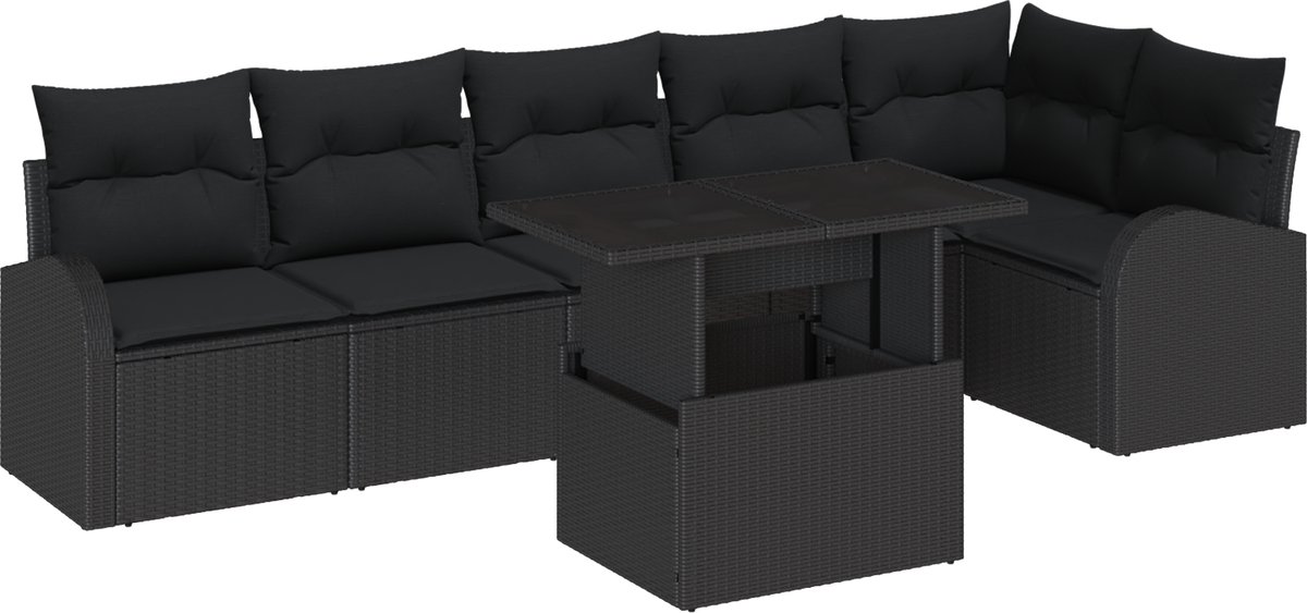 vidaXL Tuinbank - Set - 7 - st - 6-Aantal - zitplaatsen - Zwart - Poly - rattan