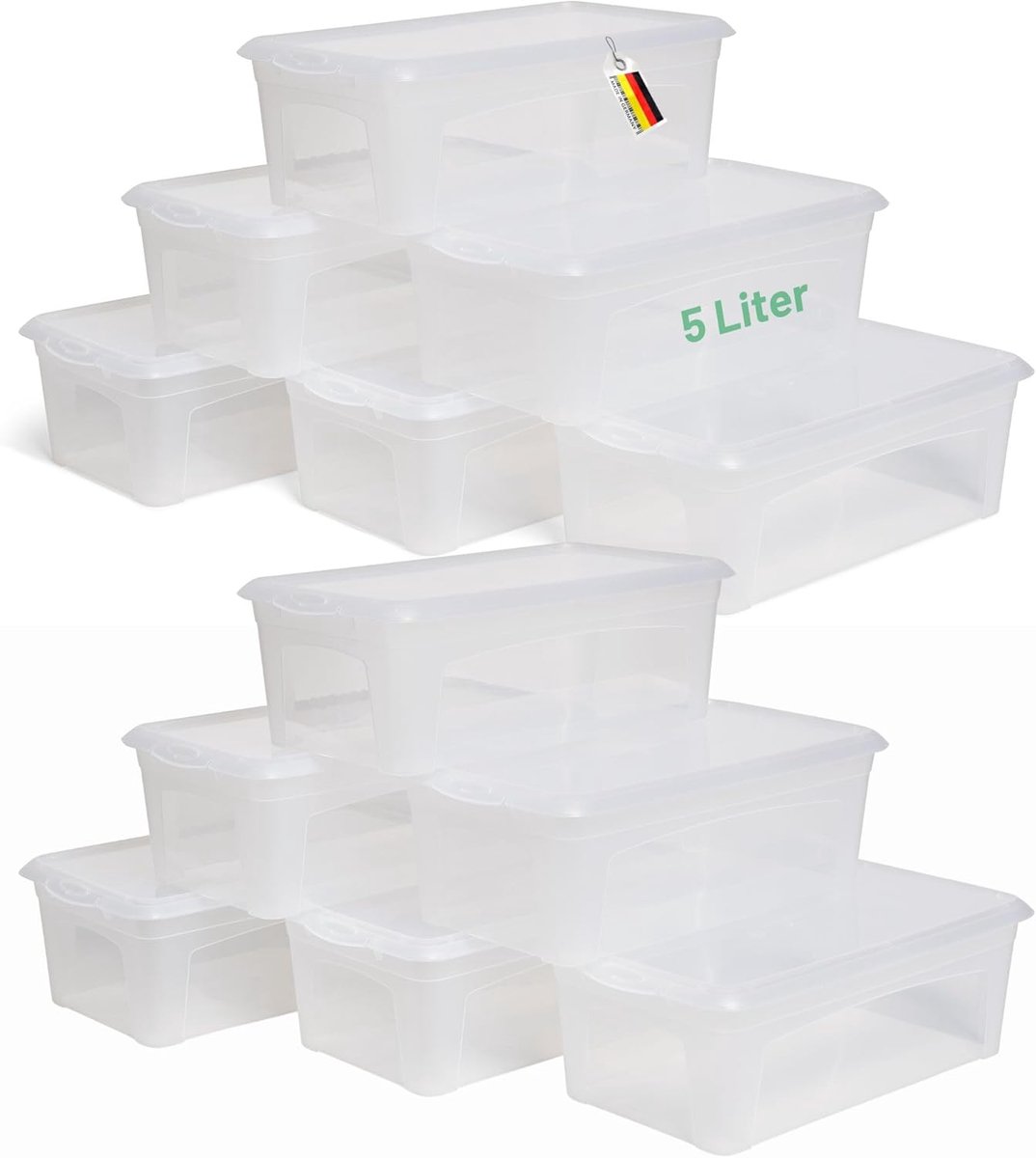 12x opbergdozen met deksel 5L transparante dozen stapelbaar nestbaar opbergdozen met clipsluiting kunststof BPA-vrij 34x19x11 cm