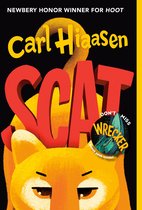 Boek 'Scat' van Carl Hiaasen met een gele kat en de titel in rode letters.