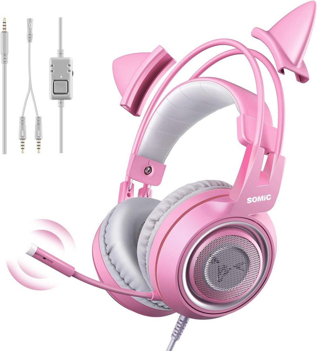 Roze Over-ear Gaming Headset Met Microfoon - Compatibel Met Xbox One, PS5, PC - Afneembare Kattenoren Voor Meisjes