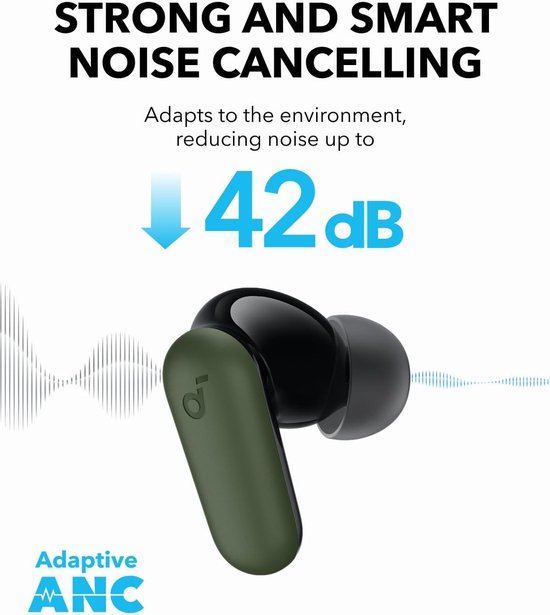 Groen oordopje met "STRONG AND SMART NOISE CANCELLING" en golfvormige audioweergave.