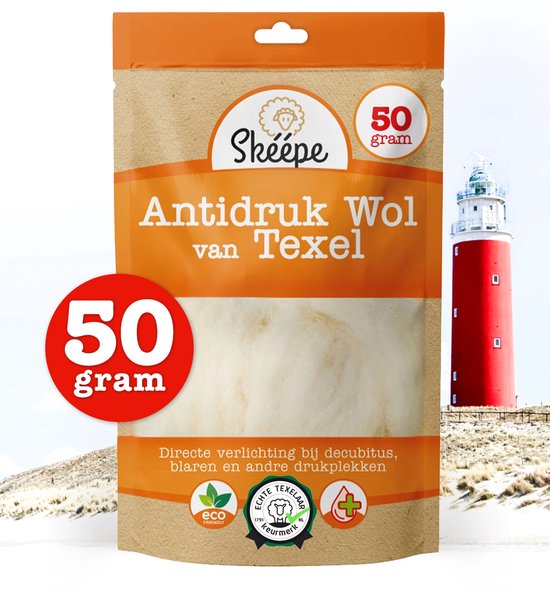 Skéépe - Anti-Druk Wol – 50 gr. – Texelse schapenwol voor comfort bij drukplekken en langdurig zitten of liggen. Wol verlicht, verzacht en beschermt bij druk op de huid