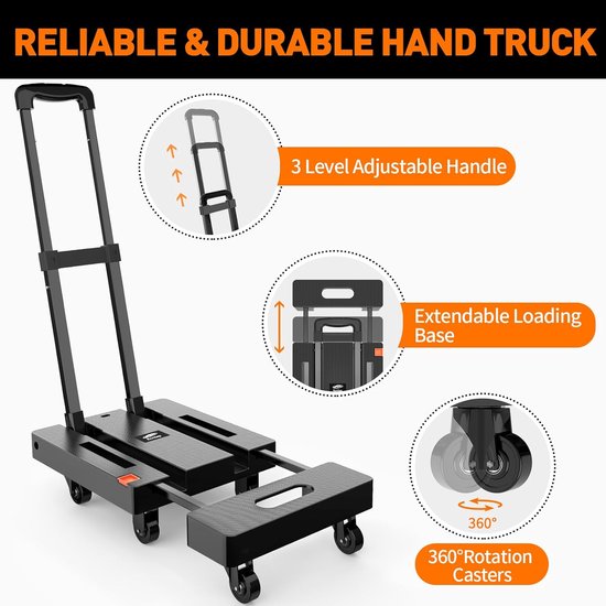 Opvouwbare steekwagen - 6 wielen - 225 kg capaciteit - zwart van Merkloos — afbeelding 4