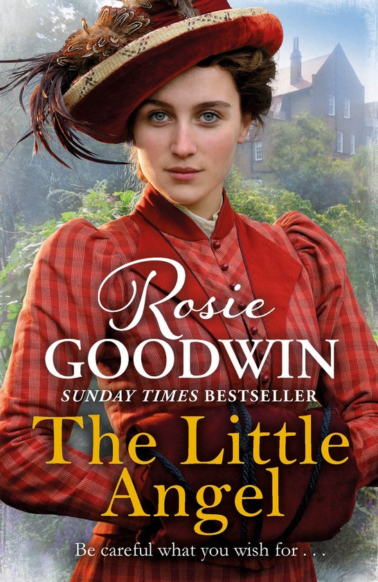 Boekomslag 'The Little Angel' van Rosie Goodwin. Een jonge vrouw in een rode outfit en hoed met veren.