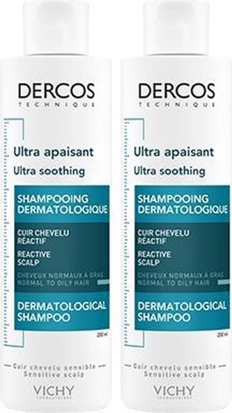 Twee flessen Vichy Dercos Ultra kalmerende dermatologische shampoo voor vet haar