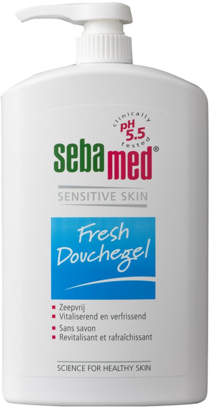 Witte Sebamed douchegel pomp. "Fresh Douchegel". Zeepvrij, vitaliserend en verfrissend.