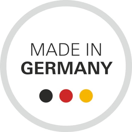 Cirkelvormig logo met de tekst 'MADE IN GERMANY' en de kleuren zwart, rood, geel.
