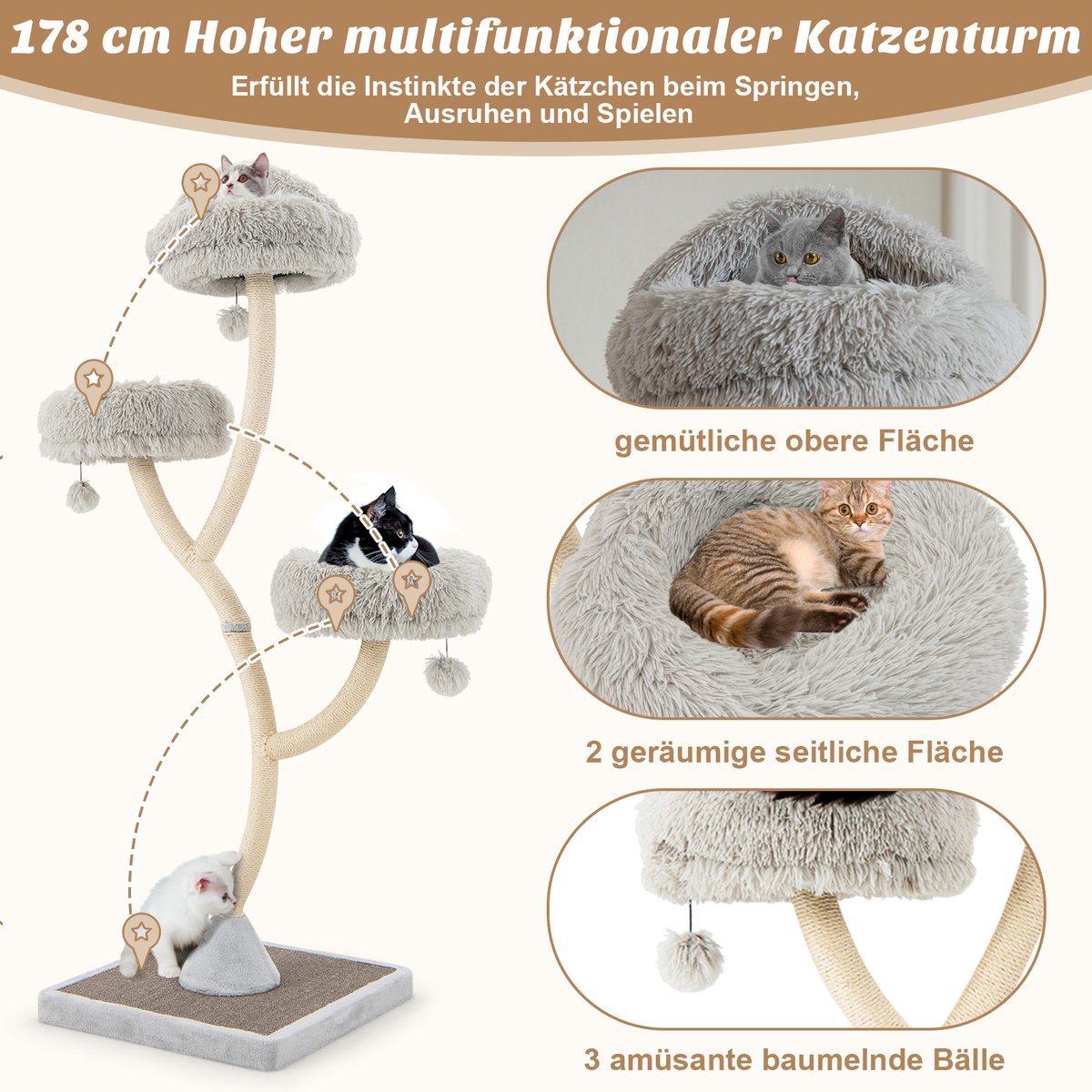 COSTWAY Krabpaal, 178 cm, van hout, kattenboom met 3 warme ligvlakken, pluche ballen en sisalstammen, klimboom, kattenkrabpaal groot, kattentoren met metalen frame, kattenmeubel katten – foto 2