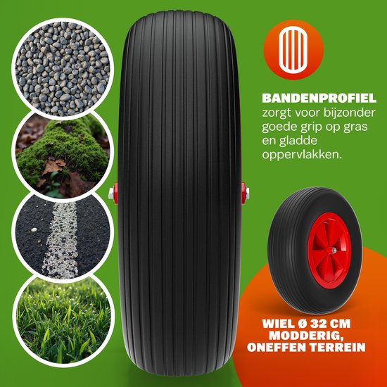 Zwart wiel met profiel voor goede grip, 32 cm doorsnede, rode velg.
