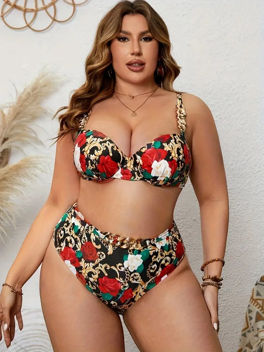 Elegante Plus Size Bikini Set - Voorgevormd Beugel Bikini Bloemenprint Dames Badmode - Kettingdetails en Hoogwaardig Stretchmateriaal Badpak 551 - Meerkleurig — afbeelding 3
