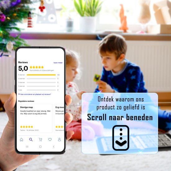 Telefoon die een reviewpagina toont met 5 sterren. Op de achtergrond spelen twee kinderen.